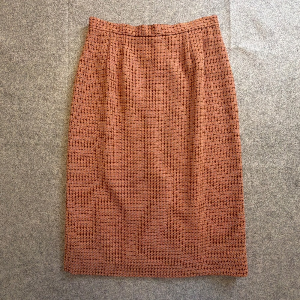 Doncaster Women's Pencil Skirt Coral Orange Size 8 Wool Tweed Plaid Zip Lined